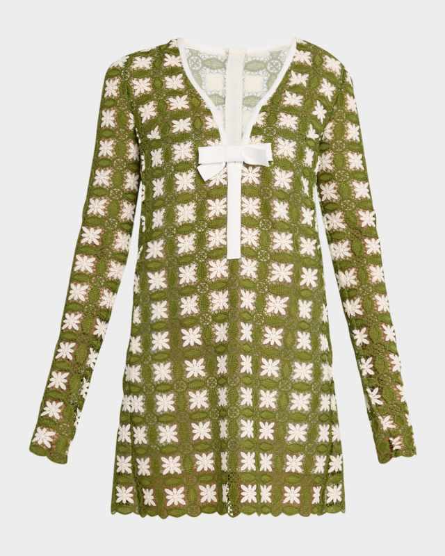 Crochet Knit Long-Sleeve Mini Dress